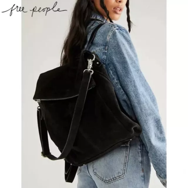 NWT Free People Camilla Black Suede Leather Convertible Backpack Hobo Slouch Bag
