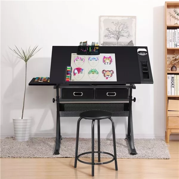 Adjustable Drafting Table Art Craft Drawing Desk w/Stool Architect Desk Stand