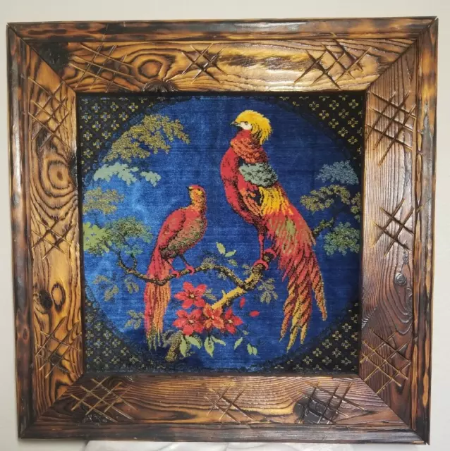 Italian Large Solid Hand Carved Wood Frame Italian Bird Tapestry Wall Art 23.5"