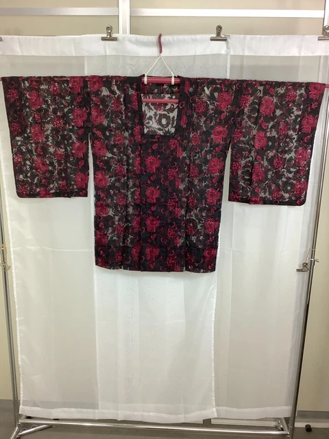Japanese Vintage Kimono Michiyuki coat Seethrough flower leaf Height 32.28inch