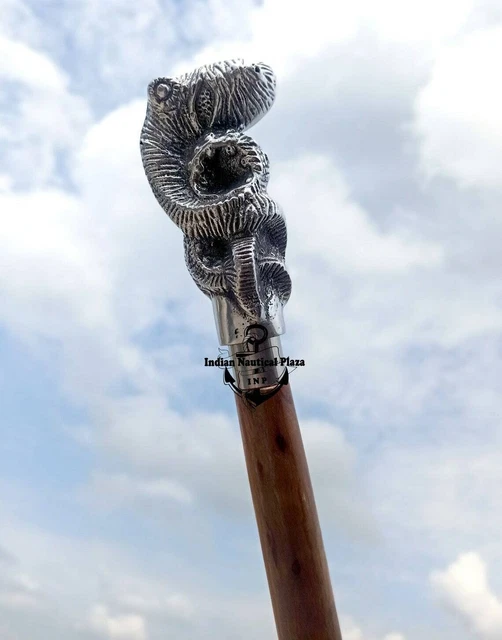 Handmade Brown Wooden Walking Stick Cane Aluminum Octopus Look Head Handle Gift