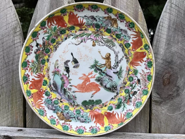 Rare Antique Chinese Porcelain Plate Hand Painted Monkey Deer Fish Birds