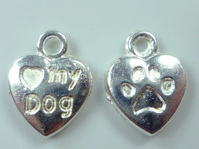 10 Anhänger Herz Love MY DOG silber Metall Hund Pfote Charm Schmuck basteln Neu