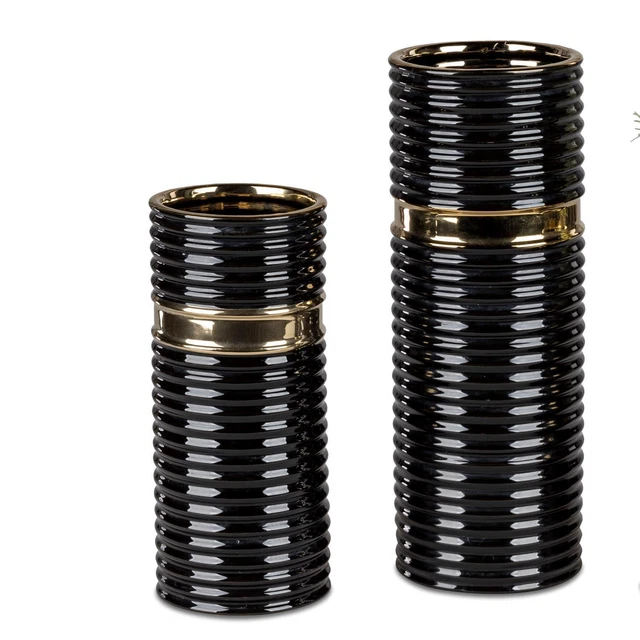 2er Set Decorazione Vasi Moderno Oro Cilindro A.25+33cm Oro Nero FORMANO