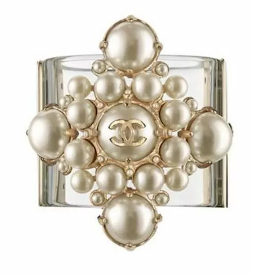 CHANEL Gripoix Pearl CC CUFF Bangle Bracelet 2013 Spring Cross Gold Clear Resin