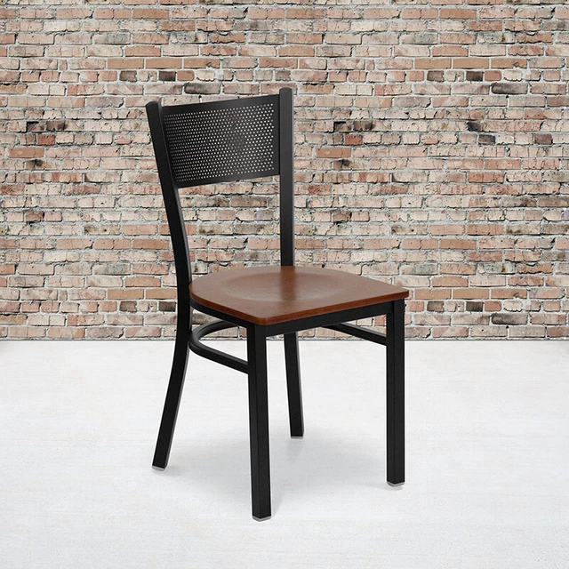 Hercules Series Black Grid Back Metal Restaurant Chair - Cherry Wood Seat