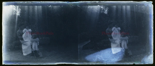 Famille c1910 Photo NEGATIVE Plaque verre Stereo Vintage V33L4n