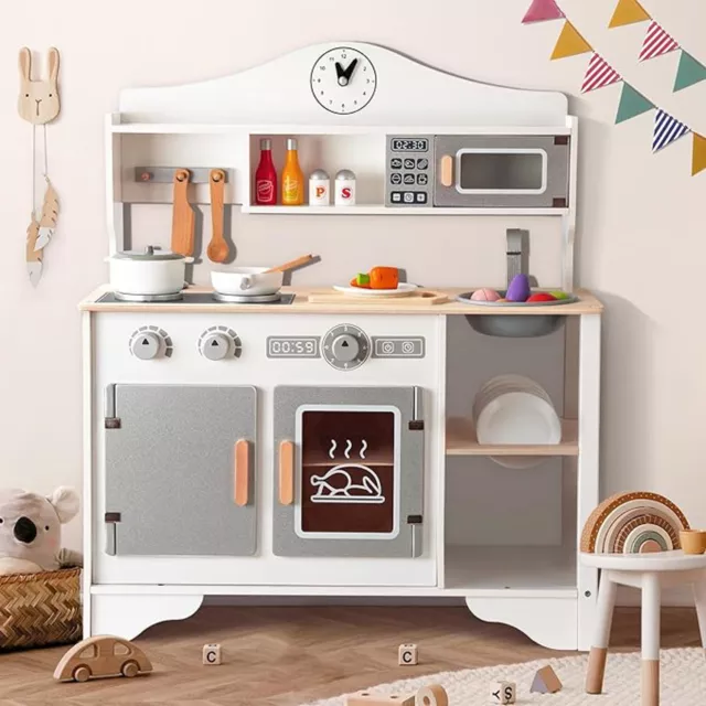 PLEKER Wooden Play Kitchen, Kitchen for Kids, Play Set with 17 Accessories NEW