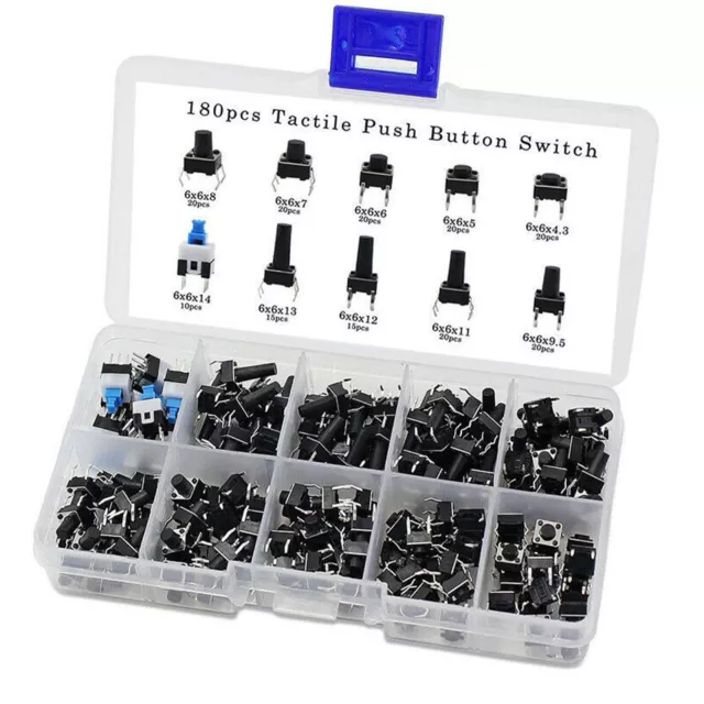 180pcs 10 Type 6X6 Light Touch Switch Set Push Button Switch Assortment Box