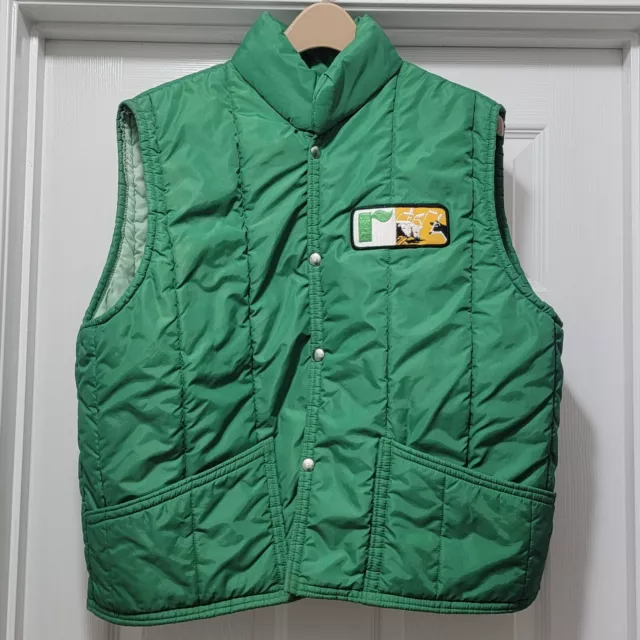 70s American Farmers Green Puffer Vest Nylon Feed & Seed Dairy Cow 70s Mens L