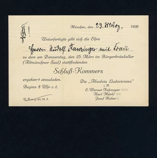 MÜNCHEN Absolvia Ludoviciana Einladung Kommers / Studentika * Karte von 1926