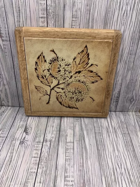 VTG Terra Cotta Glazed Ceramic Tile Framed Trivet Brown Tile Sunflower/Seed 
