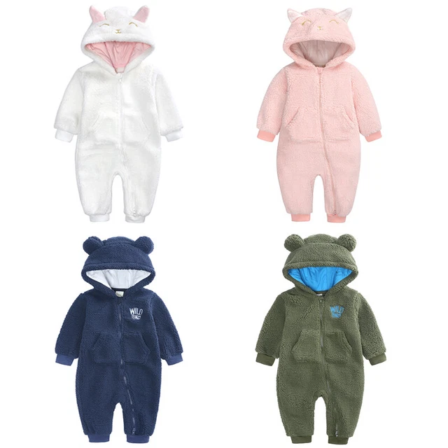 Winter Newborn Baby Boys girls Fleece Jumpsuit Hooded Romper Bodysuit Outfits
