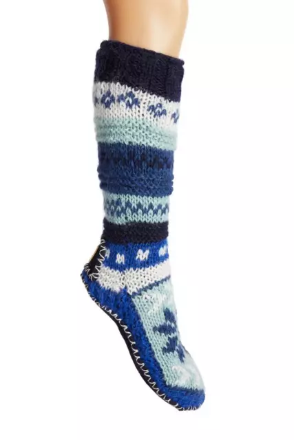 Tibetan Socks Hand Knit Wool Fleece Lined Long Slipper Socks Blue S