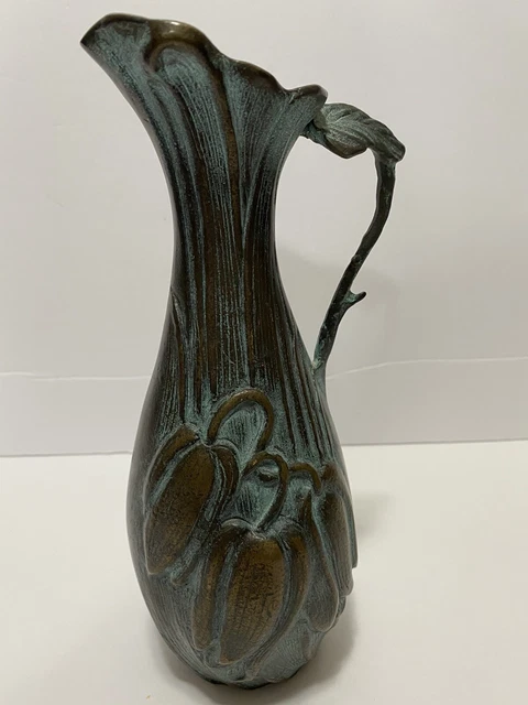 Vintage Art Nouveau Revival Bronze Brass Floral Ewer Pitcher, Vase Metal Decor