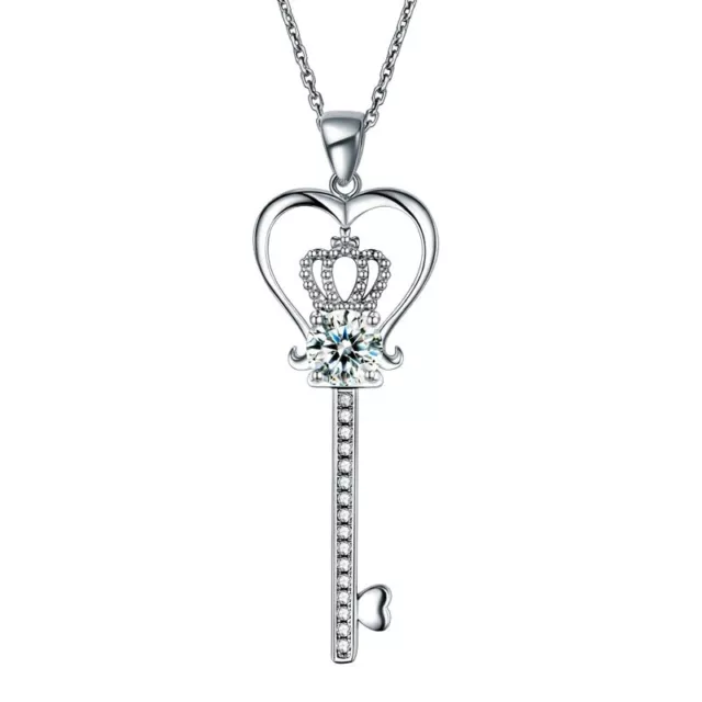 Love Heart Crown Key 925 Sterling Silver Pendant Necklace 1.25 Carat Lab Diamond