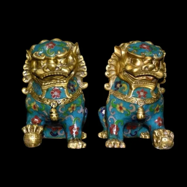 Pair 8" Chinese Qing Qianlong Old Cloisonne Enamel Copper Kirlin Lions Statues