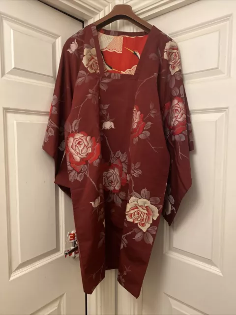 Vintage Silk Japanese Roses And Cranes  Haori/Michyuki Absolutely Gorgeous