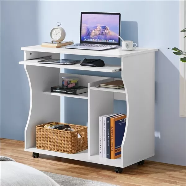 Space Saving Computer Desk PC Table w/ Wheels Study Table for Home Office, White 3