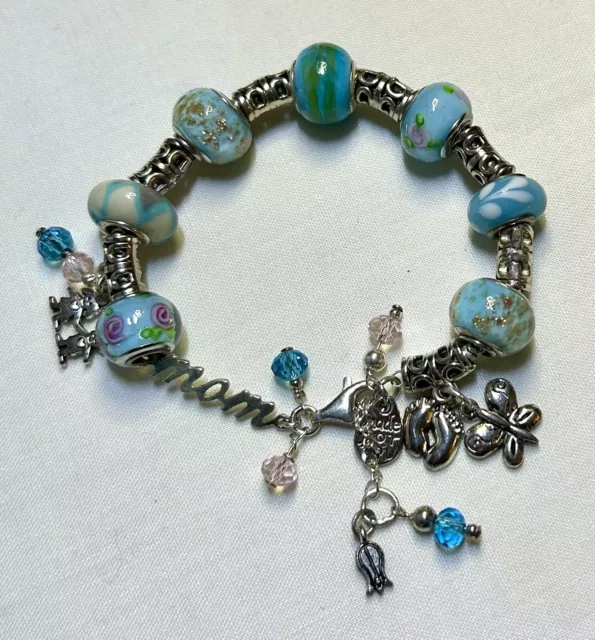 European Murano Handmade Bracelet - Mom Charm with Baby Blue Glass Beads.