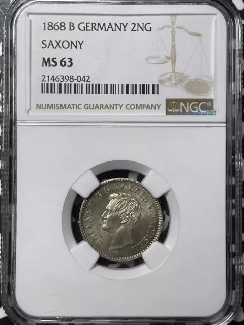 1868-B Germany Saxony 2 Groschen NGC MS63 Lot#G6197 Choice UNC!