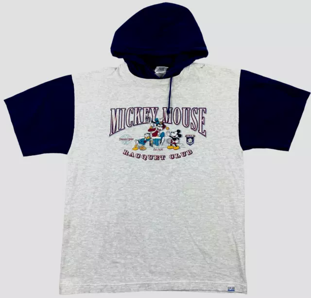 Vintage Mickey Mouse Camicia XL Racchetta Club Tennis Aperto con Cappuccio Corto