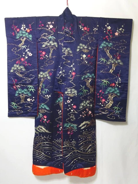 Japanese Kimono Uchikake Luxurious Wedding Embroidery Pure Silk Crane Navy K143 3
