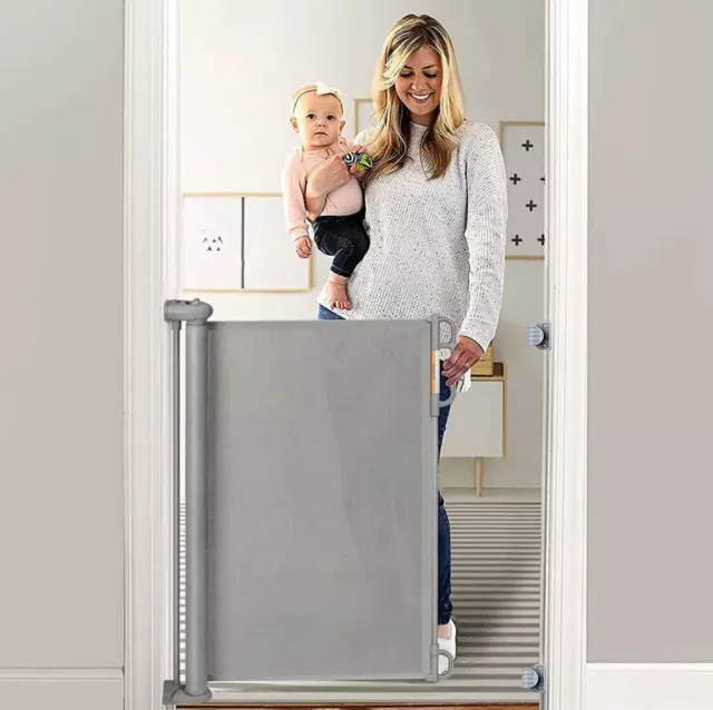 Puerta de seguridad retráctil para escaleras para bebés, niños y perros,  0-140 cm de ancho - Gris