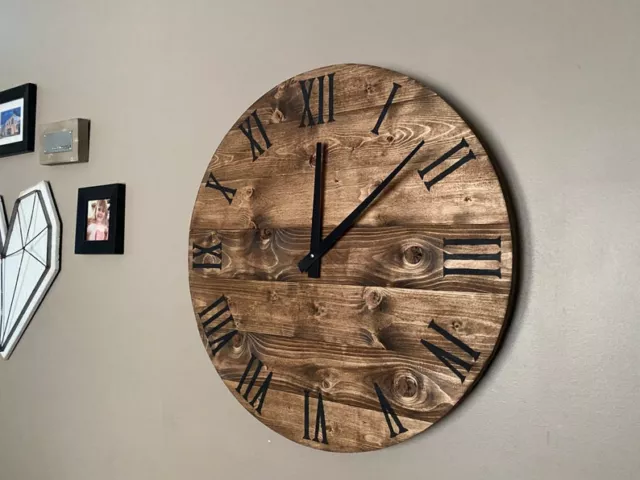 Large Modern Farmhouse Clock in warm coffee stain, rustic round wall decor, Gift