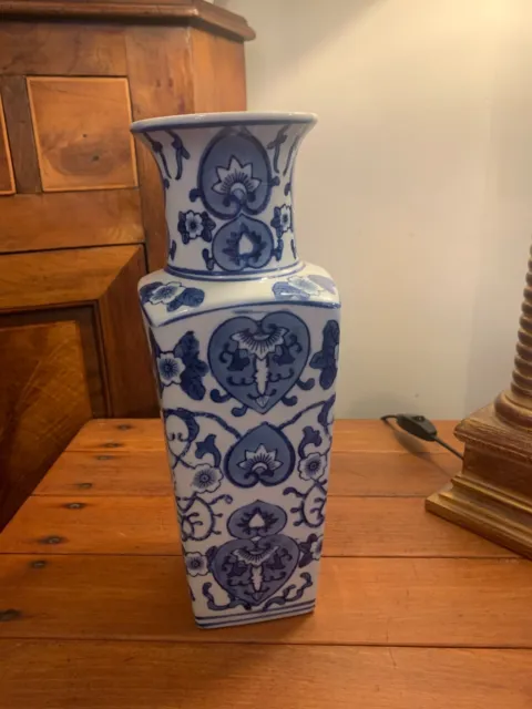 Vintage Japanese Ceramic 4 Sided Vase Blue on White -collectors-flowers-gift-