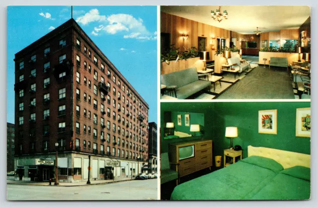 St Louis Missouri~Warwick Hotel~3 Views~Entrance~Lobby~Room~TV In Dresser~1950s