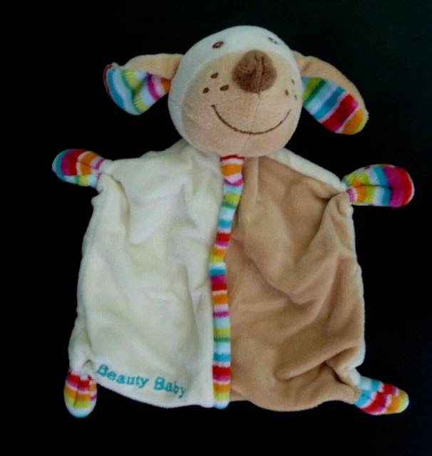 Ni1- Doudou Plat Chien Beauty Baby Blanc Ecru Beige Raye Multicolore  Etat Neuf