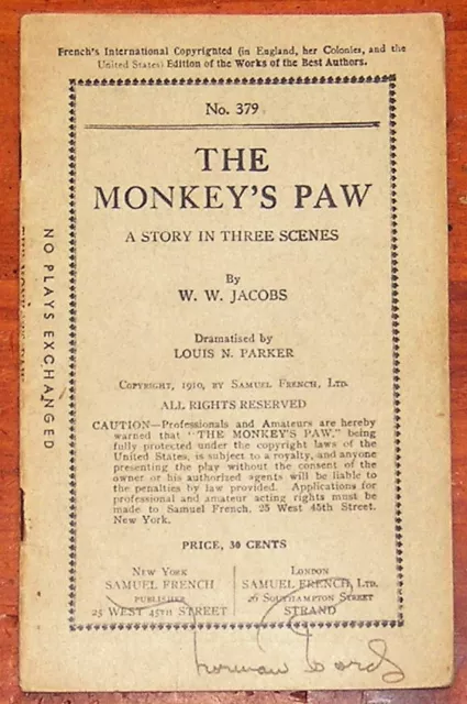 The MONKEY'S PAW Story in Three Scenes by W. W. Jacobs 1910 Samuel French Play