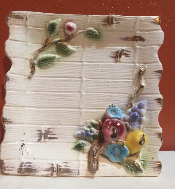 Ceramic Square Pedestal Dish Hand Painted Applied Fruit and Flowers Japan