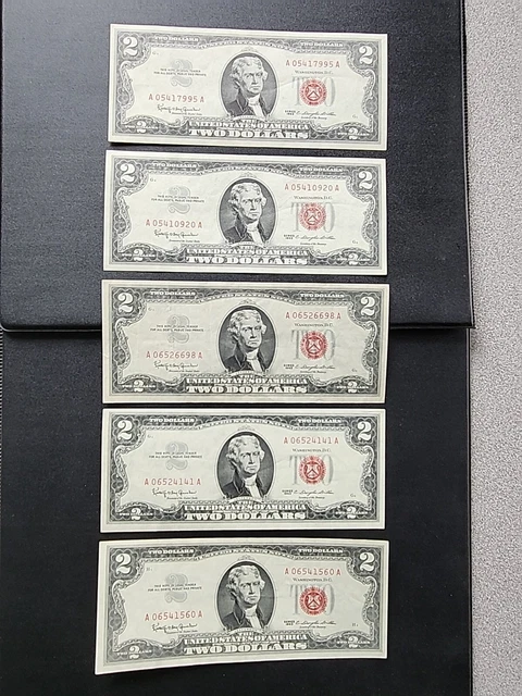 Lot Of 5 2 $ Dollar Silver Certificate Bills Red 1963 Series Nice Crisp Bills