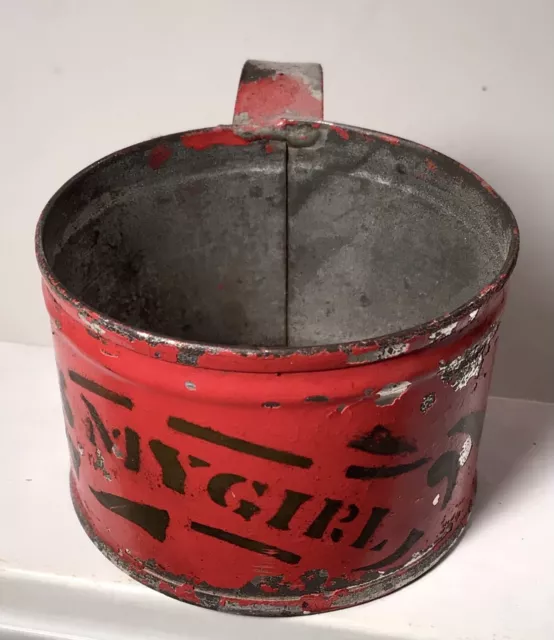 Antique Red Painted Toleware Child's Tin Cup "My Girl” ~ 2 1/4” Diameter