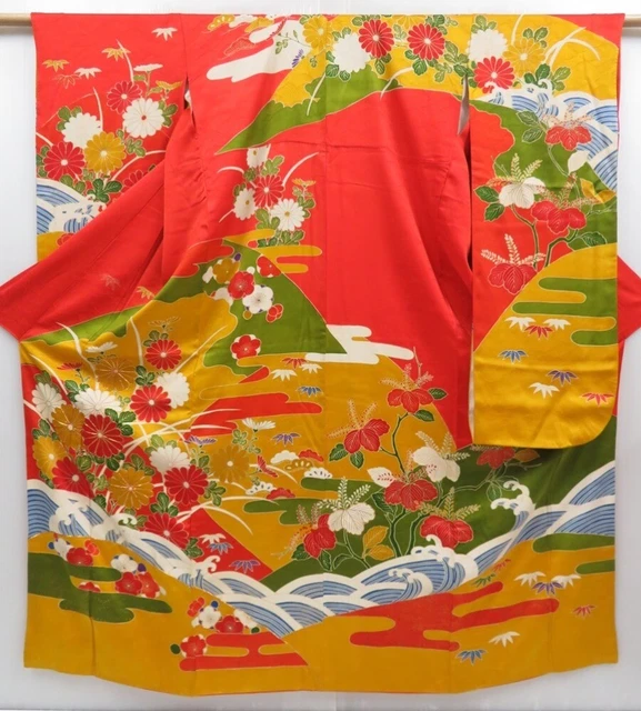 3406T11z1220  Japanese Kimono Silk FURISODE Chrysanthemum Tomato red