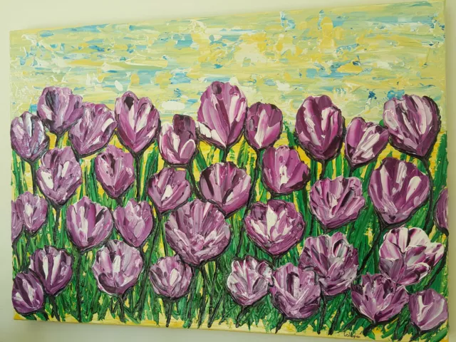 QUADRO MODERNO ASTRATTO DIPINTO A MANO CAMPO di TULIPANI  FIORI 50x70x4cm RIF230 3