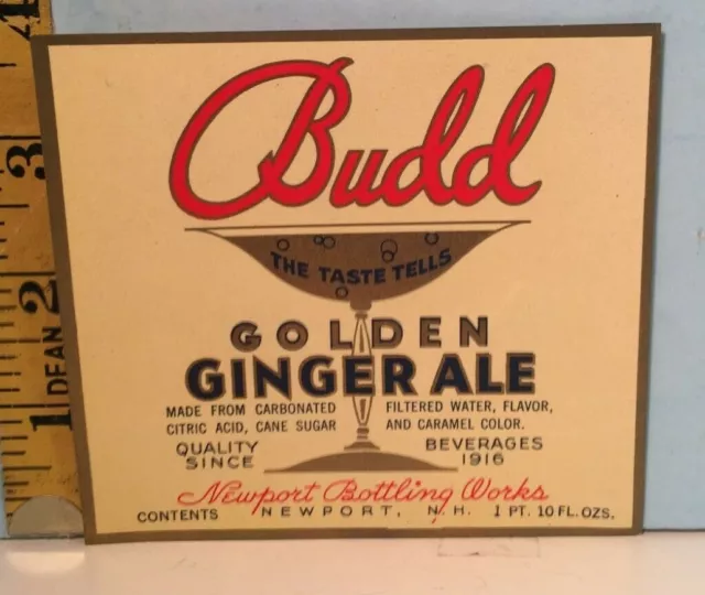 Vintage Budd Golden Ginger Ale Label Newport Bottling Co
