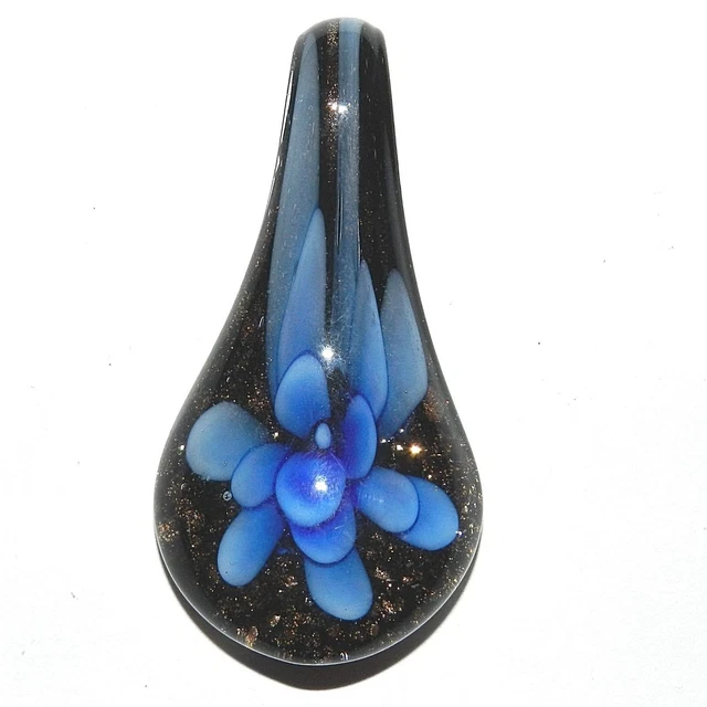 P2461 Blue Flower w Gold Sparkles 56mm Lampwork Glass Spoon Teardrop Pendant