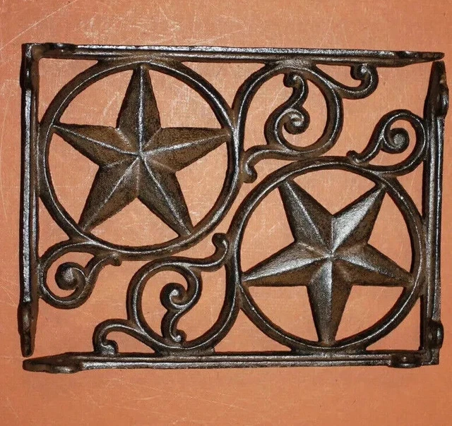 2 Rustic Star Scroll Shelf Brackets - Cast Iron, Antique Brown Finish, 9 Inch - Western / Southwestern Decor