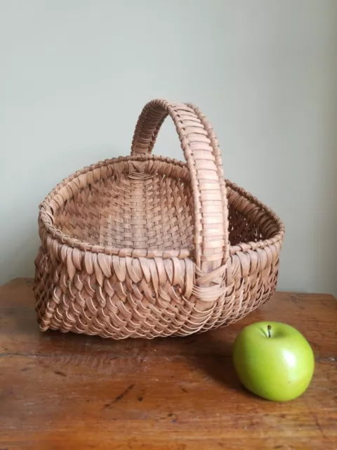 Antique Primitive Shaker Style Splint Wood Handled Gathering Basket AAFA