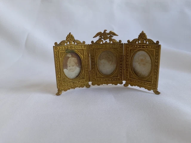 Antique French Bronze Photo Miniature Triple Portrait Frame