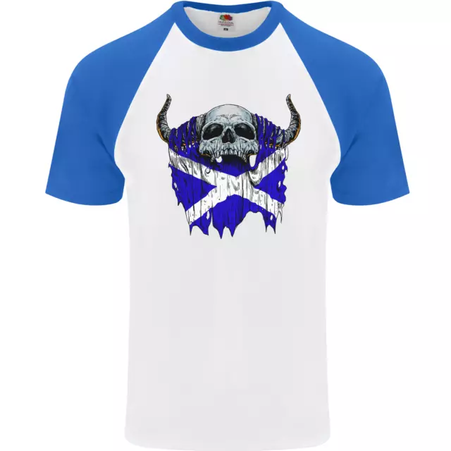 Scotland Flag Skull Scottish Biker Gothic Mens S/s Baseball T-Shirt