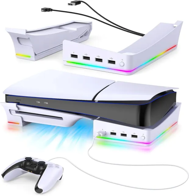For PS5 Slim Controller Base with RGB Ambient Light, Multi-Functional  Cooling Base Stand Holder for PS5 Slim Accessories,Colorful Vertical  Lighting