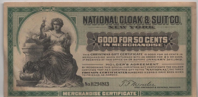 1912 - Christmas Certificate - 50 Cents in Merch  - National Cloak & Suit Co.
