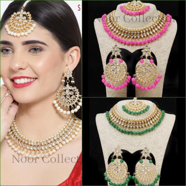 Bollywood Gold Plated Indian Kundan Necklace Pearl Wedding Costume Jewelry Set