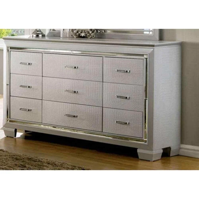 Textured Wooden Dresser with Nine Drawer, Silver Silver 9-drawer
