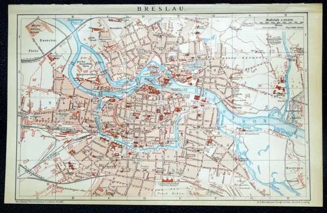 BRESLAU Wroclaw Schlesien Polen Stadtplan Lithographie von 1894 – 130 Jahre ORIG
