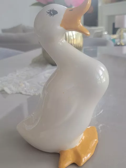 Vintage 10” Ceramic White Duck Hand Painted Yellow Orange Beak Feet EUC!